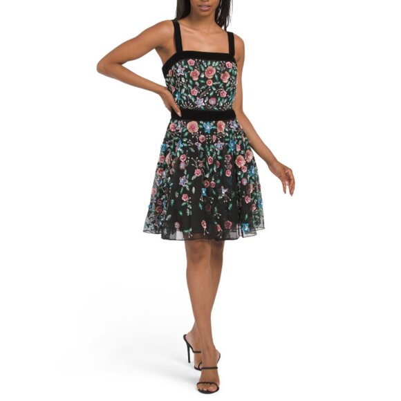 MAC DUGGAL Black Multi Sleeveless Beaded Floral Mini Dress